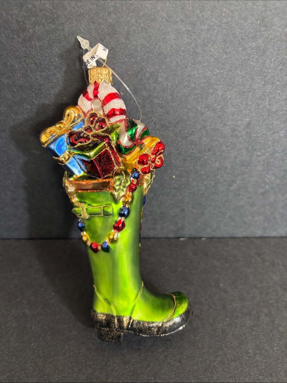 green boot glass Christmas ornament made in Poland
